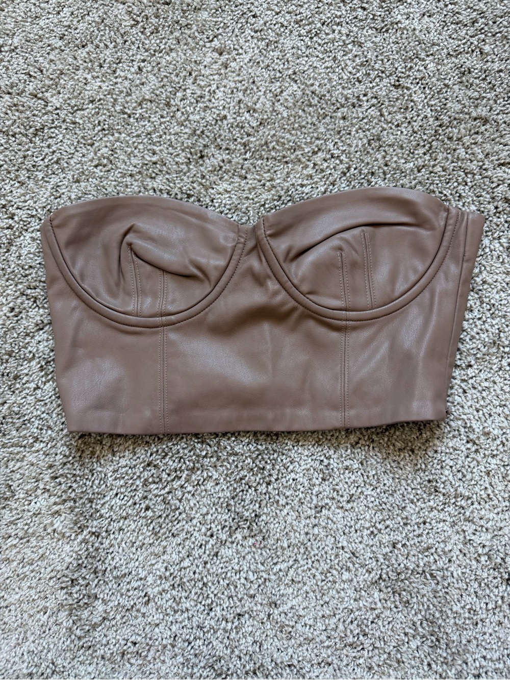 Zara Brown faux leather strapless top with ruched detail. Size: M